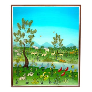 Mid 20th Century Arturo Alcala Mexican Folk Art Painting – Landscape With Birds, Deer, Elephants, Toucans, & Wildlife For Sale