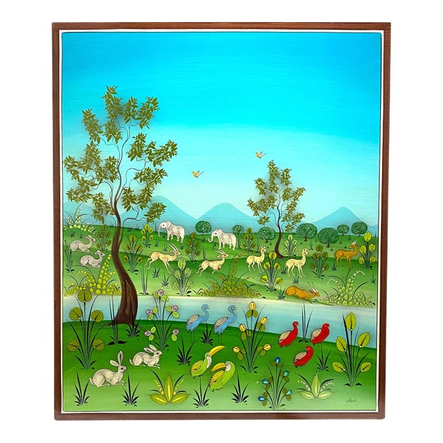 Mid 20th Century Arturo Alcala Mexican Folk Art Painting – Landscape With Birds, Deer, Elephants, Toucans, & Wildlife For Sale