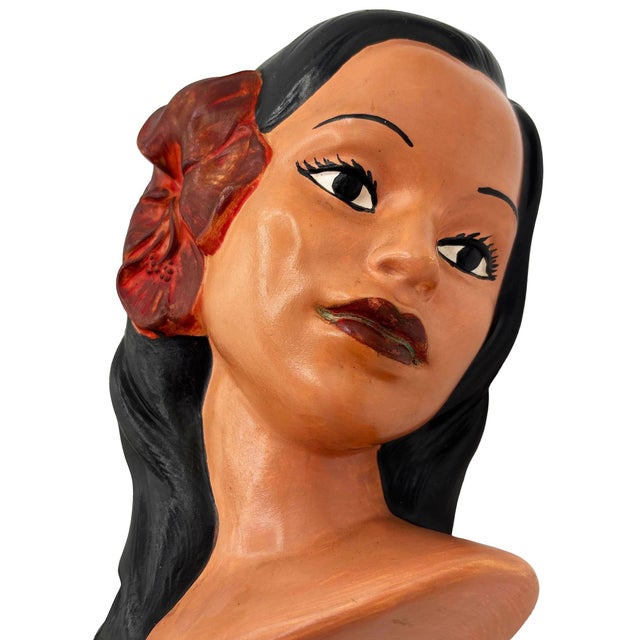 1968 California Art Pottery Hawaiian Polynesian Hula Girl Bust Statue, Signed For Sale - Image 4 of 6