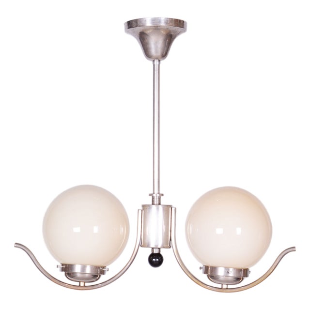 Bauhaus Chandelier in Chromed Steel and Opal Glass, Czech, 1930s For Sale
