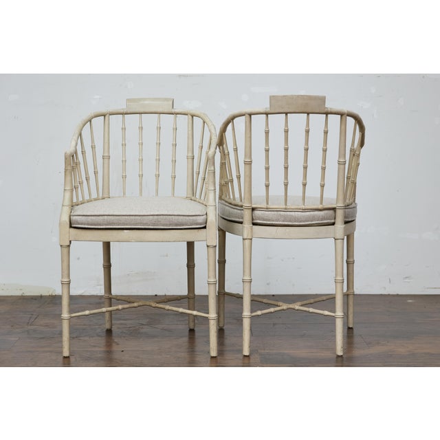 Late 20th Century Late 20th Century Baker Furniture Faux Bamboo Accent Chairs with Upholstered Linen Cushions, Pair For Sale - Image 5 of 12