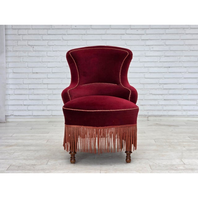 Mid-Century Modern Danish Cocktail Lounge Chair in Cherry-Red Furniture Velour, 1950s For Sale - Image 3 of 17