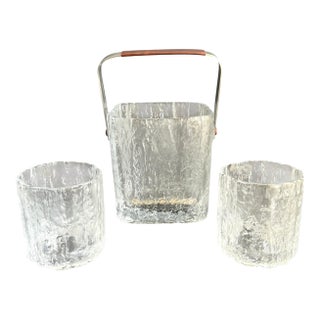 Mid Century Hoya Ice Bucket & Rocks Glasses MCM Frosted Glass Ice Cube Barware Set of 3 For Sale