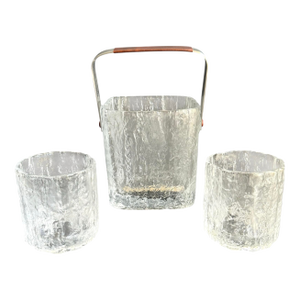 Mid Century Hoya Ice Bucket & Rocks Glasses MCM Frosted Glass Ice Cube Barware Set of 3