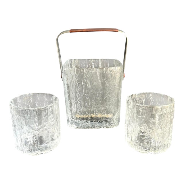 Mid Century Hoya Ice Bucket & Rocks Glasses MCM Frosted Glass Ice Cube Set of 3 For Sale
