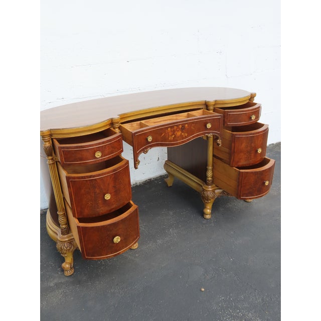 French Early 1900s Kidney Shape Carved Inlaid Writing Desk 6885 For Sale - Image 4 of 18