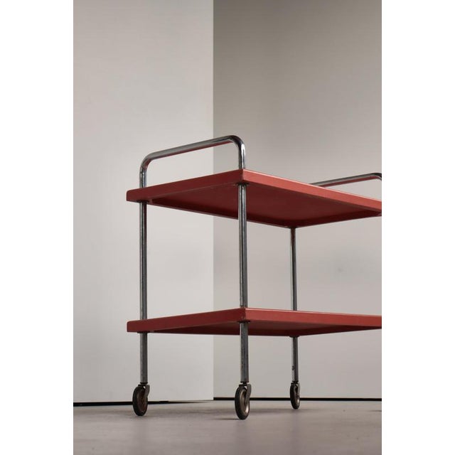 Functionalist Scandinavian Red Lacquered Steel Tube and Wood Serving Cart, 1930s For Sale - Image 9 of 18