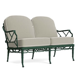 Brown Jordan Calcutta Loveseat in Forest Green with Forest Green and Sea Salt Welt Cushions For Sale
