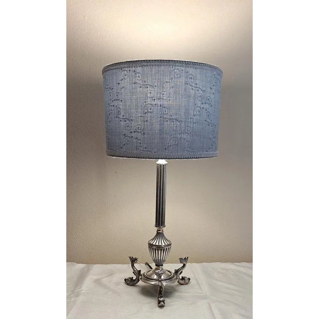 Vintage Table Lamp with Figurative Silver-Plated Metal Base and Handmade Fabric Shade from Lamplove, 1970s, in Very Good...