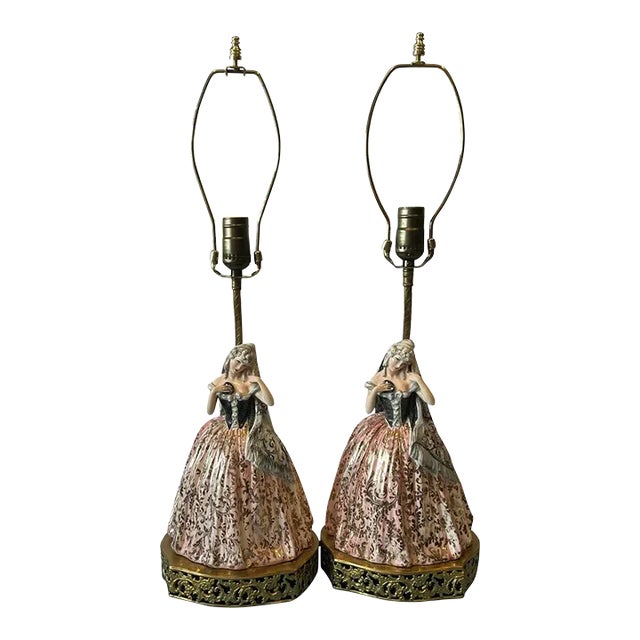 Antique Vicenzo Bertolotti Porcelain Table Lamps- Ladies a Pair For Sale