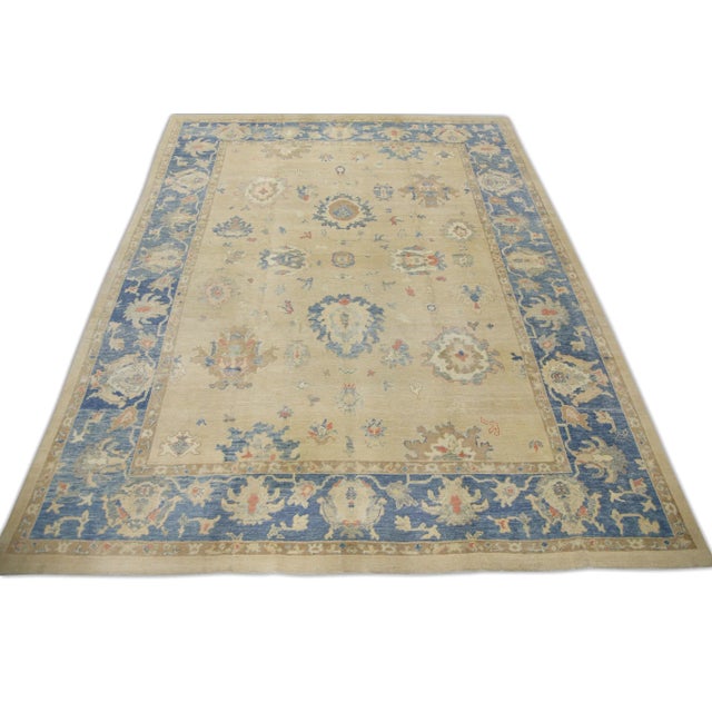 Early 21st Century Tan & Blue Handwoven Turkish Oushak Rug 11'8" X 14'9" For Sale In Houston - Image 6 of 7