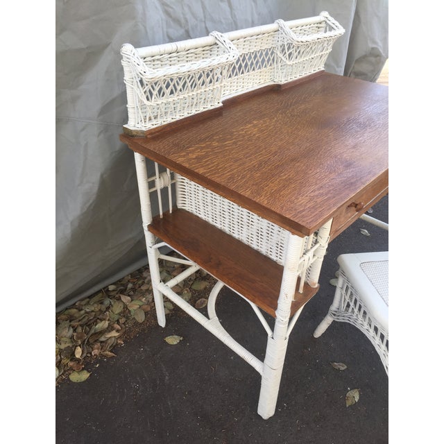 Antique Heywood Wakefield White Wicker and Dark Oak Desk and Chair Set