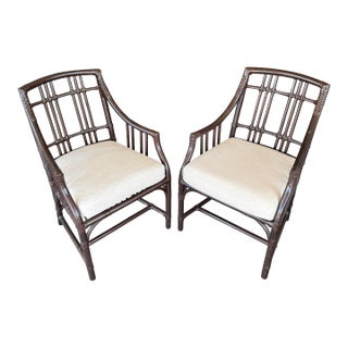 McGuire Furniture Balboa Bamboo + Leather Wrap Arm Chairs, Pair For Sale