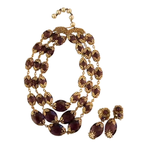 1930s Miriam Haskell Triple Strand, Faceted, Amethyst-Colored Crystal Bead Necklace & Drop Earrings - 3 Pieces