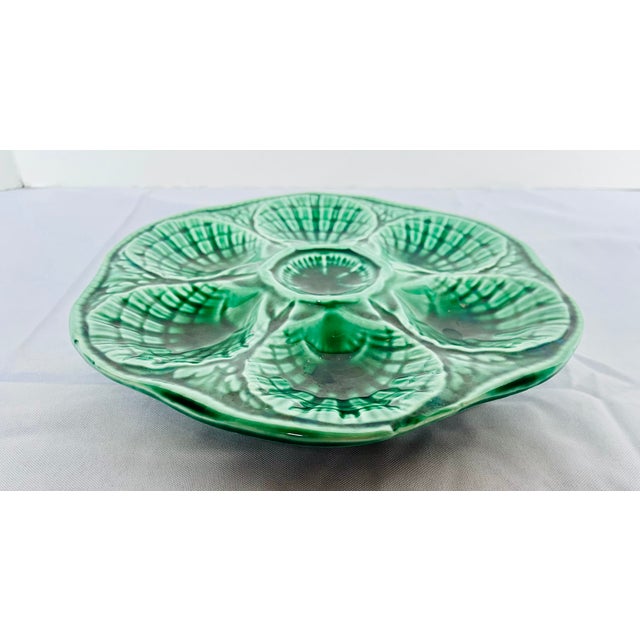 French Antique 1920s French Sarreguemines Majolica Green Oyster Plate For Sale - Image 3 of 13