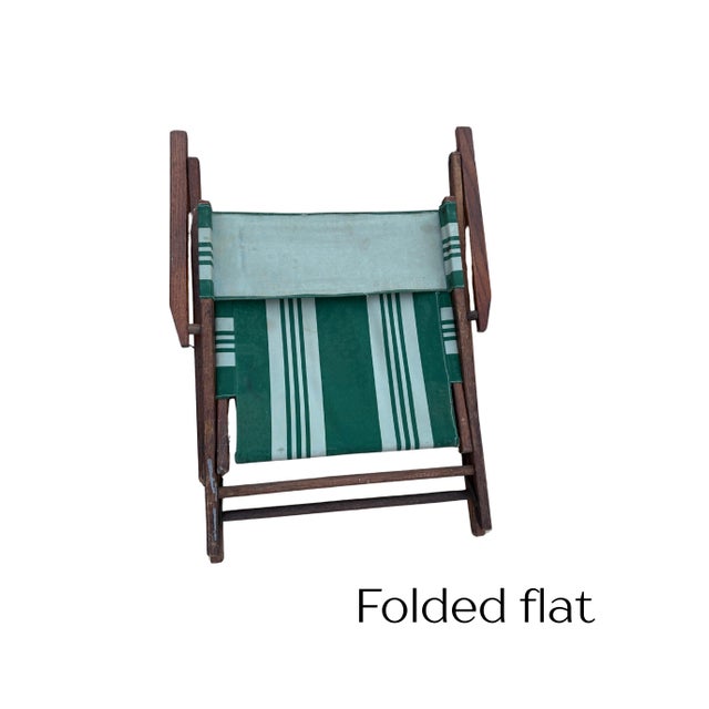 Green Mid 20th Century Folding Patio Chairs Pair – Stained Wood With Green & White Canvas, A Pair For Sale - Image 8 of 12