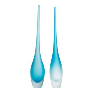 A Set of 2 Hand Blown Murano Flute Vases in Aquamarine For Sale