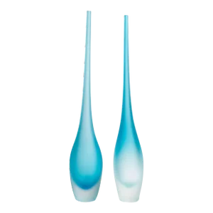 A Set of 2 Hand Blown Murano Flute Vases in Aquamarine