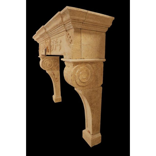 20th Century Carved Limestone Fireplace Mantle with Scrolled Corbels and Foliate For Sale - Image 3 of 4