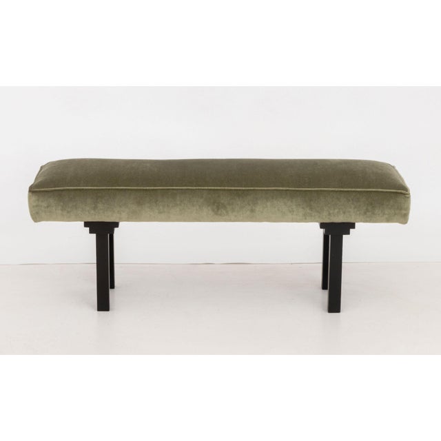 Chinese Style Sage Velvet Upholstered Bench, on ebonized wood base. 17" H x 48" W x 16" D. Provenance: From a Park Avenue...