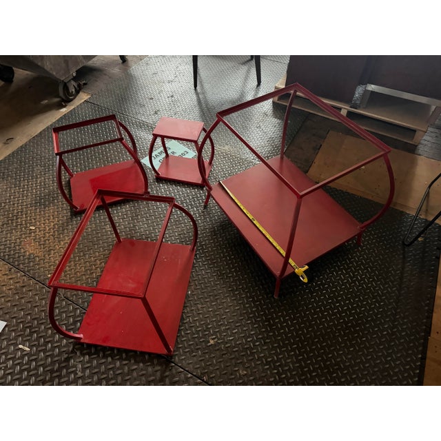 Vintage Chinoiserie Red Metal Etagere Four Sections come apart; painted red metal shelves; romantic and classic shape