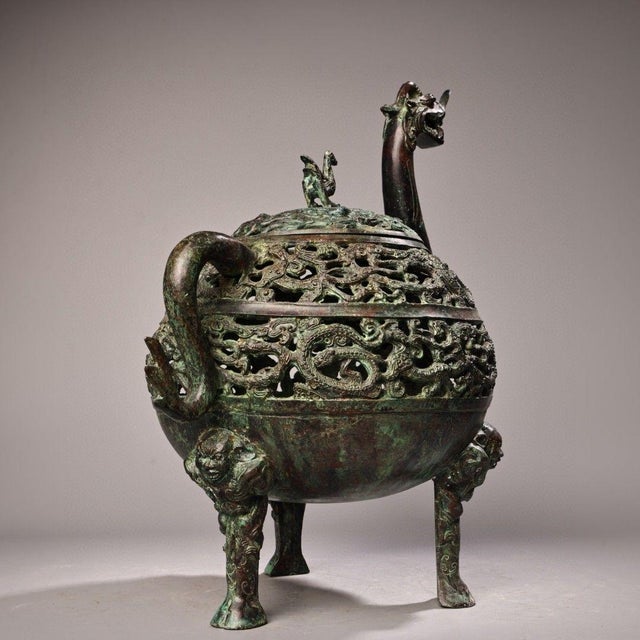 This is a monumental and highly detailed vintage Chinese bronze incense burner (censer), crafted in the archaic ritual...