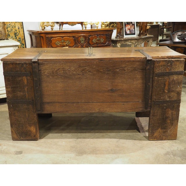 Circa 1600 German Oak Stollentruhe Trunk, Original Iron and Butterfly Lock Plate For Sale - Image 15 of 18