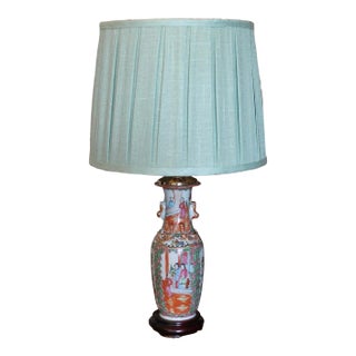 Rose Medallion Lamp With Celadon Pleated Linen Shade For Sale