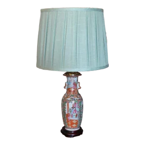 Rose Medallion Lamp With Celadon Pleated Linen Shade