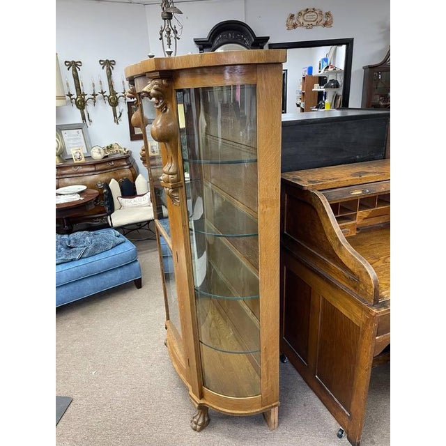 American Antique Tiger Oak, Lighted Curio Cabinet, Four Glass Shelves, Hand Carved, Glass Door For Sale - Image 3 of 13
