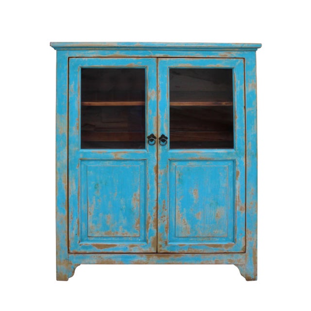 Distressed Bright Blue Glass Display Bookcase Curio Cabinet For Sale
