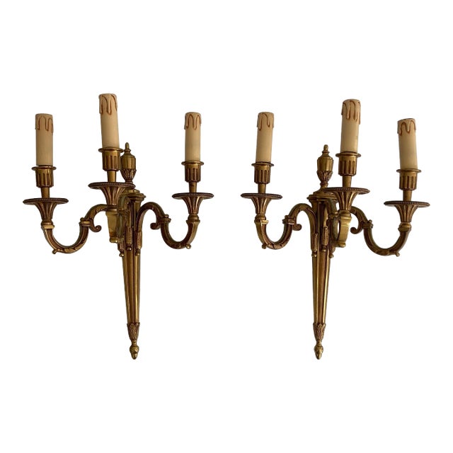 Louis the 16th Style 3 Arms Bronze Wall Lights by Lucien Gau - A Pair For Sale