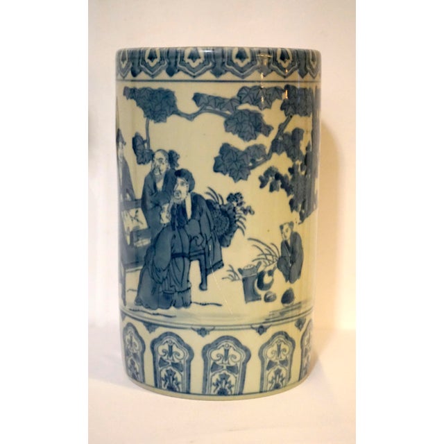 Ceramic Chinese Blue and White Porcelain Cylindrical Bough Vase With Landscape Scene For Sale - Image 7 of 11