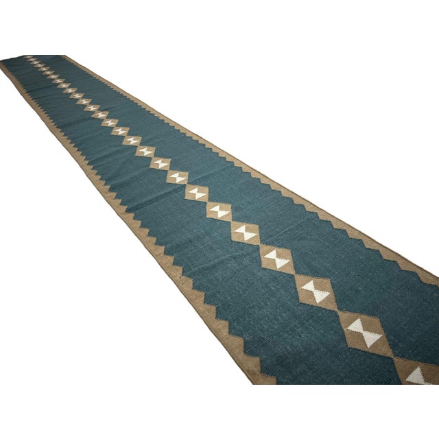 Mid-Century Modern Handmade New Zealand Wool Dhurrie Runner, Turquoise Blue, Cream and Beige Diamond Runner Rug - 3'x12' For Sale - Image 3 of 15