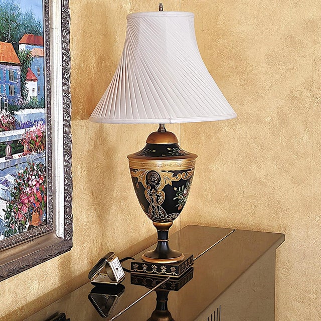 Wildwood Hand Painted Toleware Urn Table Lamp, Rocky Mount Nc, Floral Black & Gold For Sale - Image 12 of 18