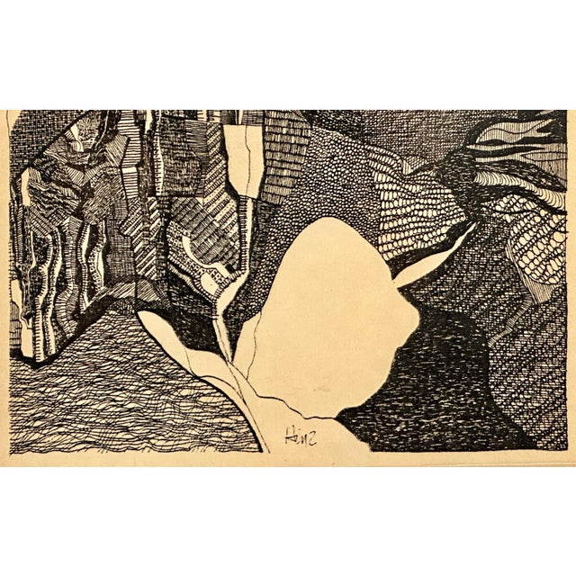 Abstract Vintage Pen & Ink Abstract Art by Bill Hinz - MCM Framed Artwork For Sale - Image 3 of 10