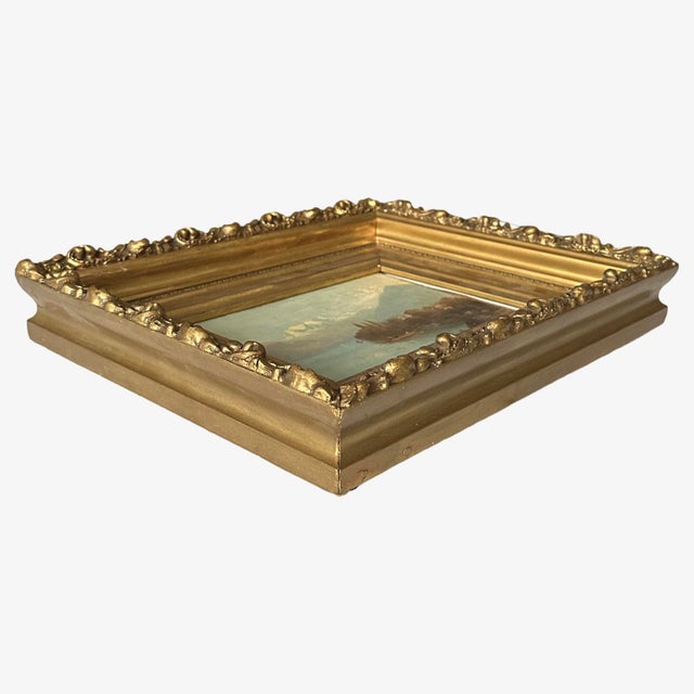 Antique Continental Mountainous Riverscape With Island and Boat, Oil on Board For Sale - Image 9 of 10