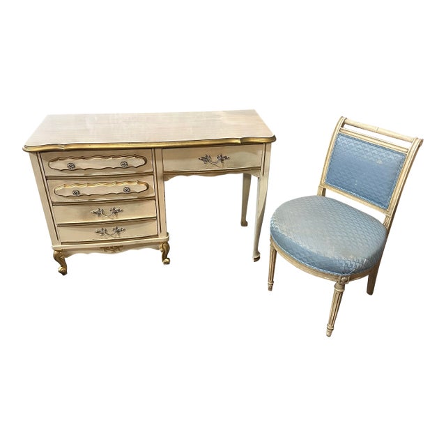Vintage Regency White Wooden Desk With Gold Accents and Matching Chair- Needs Reupholstery For Sale