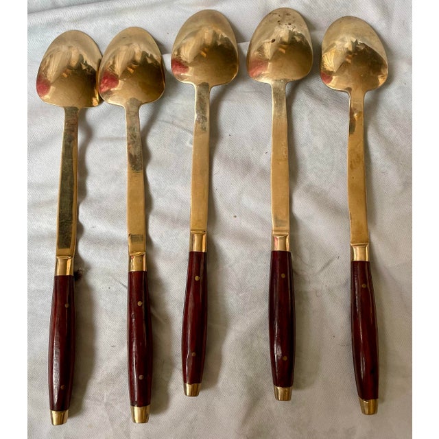 Mid-Century Modern Mid 20th Century Set of 5 Rosewood & Brass Ice Iced Tea Drink Spoons Flatware For Sale - Image 3 of 9