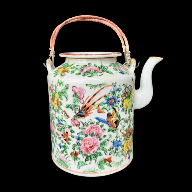 Traditional Antique Chinese Famille Rose Porcelain Teapot – Mid-Qing Dynasty, Hand-Painted Floral & Butterfly Motifs With Original Lid For Sale - Image 3 of 7