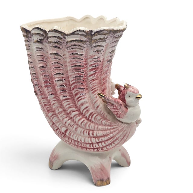 Ceramic Vintage Pink Ceramic Cornucopia Vase W/ Applied Bird & Flowers For Sale - Image 7 of 9
