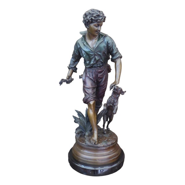 Antique French Figural Bronze of a Boy and Dog, 1920 For Sale