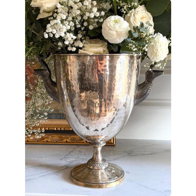 Modern Pair of Hammered Metal Trophy Shaped Champagne Ice Bucket Wine Chiller Stag Head Handles 14"x13" & 13.75"x13" For Sale - Image 3 of 14