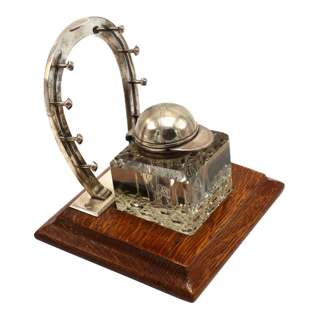 Equestrian-Themed Silver Plated Ink Well and Pen Stand on Oak Base, Circa 1890 For Sale