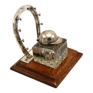 Equestrian-Themed Silver Plated Ink Well and Pen Stand on Oak Base, Circa 1890