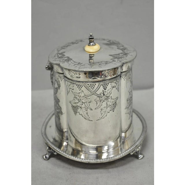 Antique Victorian Silver Plated Etched Footed Hinged Biscuit Barrel Jar on Stand For Sale - Image 10 of 18