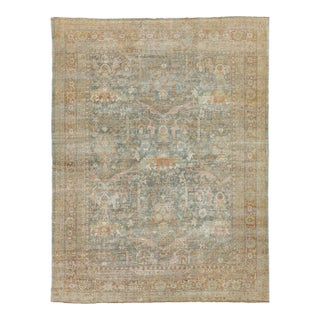 Antique Mahal Wool Area Rug With Muted Sage Green & Terracotta Palette For Sale