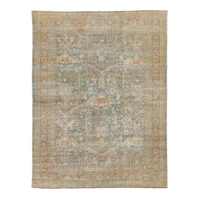 Antique Mahal Wool Area Rug With Muted Sage Green & Terracotta Palette For Sale