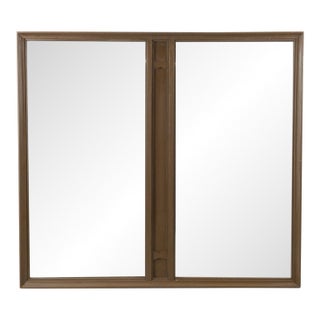 Mid Century Modern Long Rectangular Wall Mirror With Two Glass Panels and Wood Accent For Sale