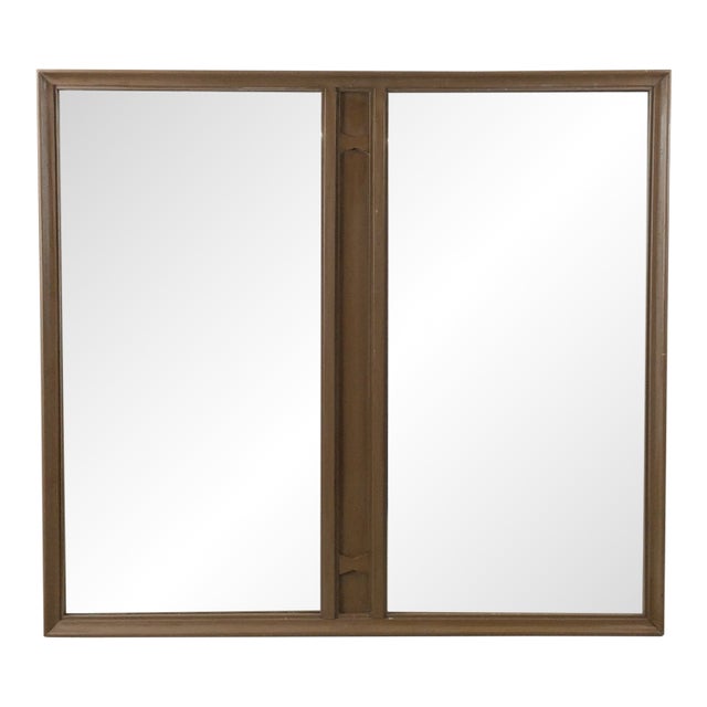 Mid Century Modern Long Rectangular Wall Mirror With Two Glass Panels and Wood Accent For Sale